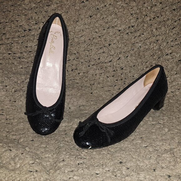 PRETTY BALLERINAS-Black Sequined-Bow-Heel 1.75" Patent Leather-Sz 37-Near Mint - Picture 1 of 8